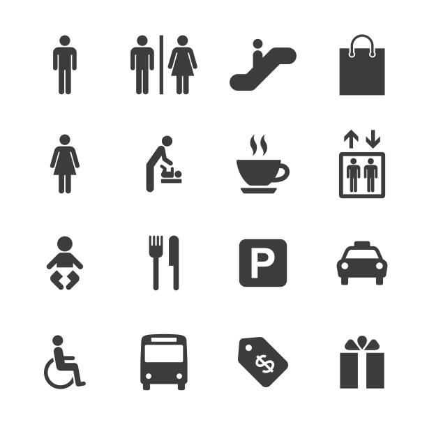 Shopping Mall and Public Icons Set An illustration of shopping mall and public icons set for your web page, presentation, apps and design products. Vector format can be fully scalable & editable. Male Toilet stock illustrations