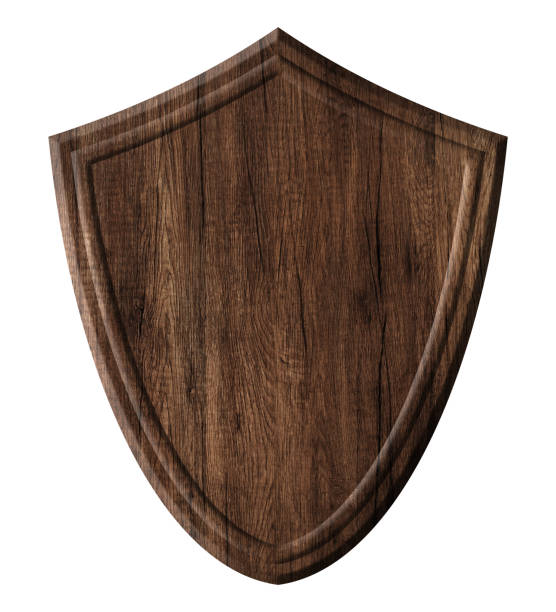 Wooden defense protection shield board made of dark natural wood stock photo