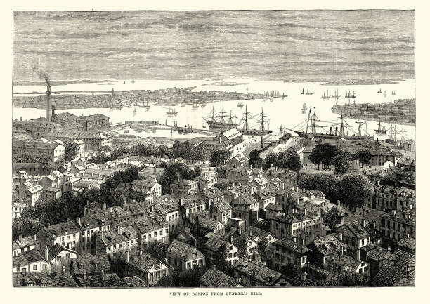 ilustrações de stock, clip art, desenhos animados e ícones de view of boston from bunker's hill, 19th century - boston skyline new england urban scene