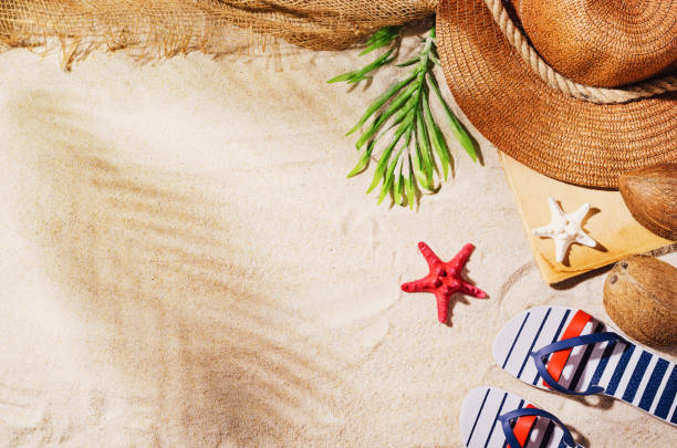 istock Background wdith sandy beach, top view. Summer accessories concept 1152483000
