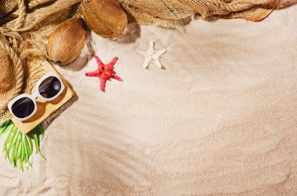 istock Background wdith sandy beach, top view. Summer accessories concept 1152483014