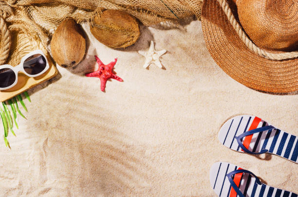 istock Background wdith sandy beach, top view. Summer accessories concept 1152483018