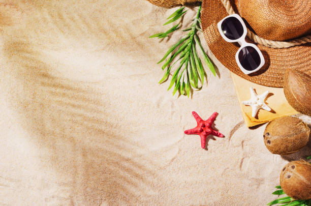 istock Background wdith sandy beach, top view. Summer accessories concept 1152483563