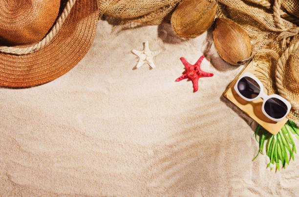 istock Background wdith sandy beach, top view. Summer accessories concept 1152483594