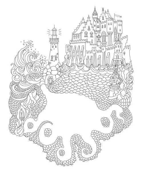 Vector illustration of Vector contour thin line illustration.Silhouette of a giant octopus, ocean waves, island, fairy tale castle, lighthouse. Black and white hand drawn abstract sketch artwork. Adults coloring book page, tee shirt print