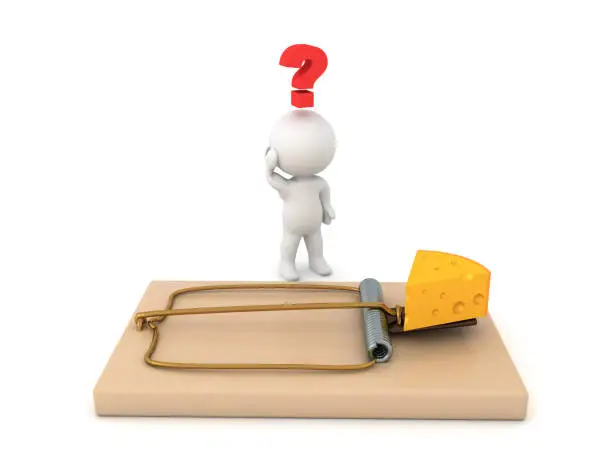 3D Character looking confused at piece of cheese from mousestrap. 3D Rendering isolated on white.