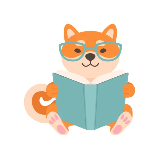 Vector illustration of Shiba Inu Dog in Glasses Reading Book, Cute Funny Japan Pet Animal Cartoon Character Vector Illustration