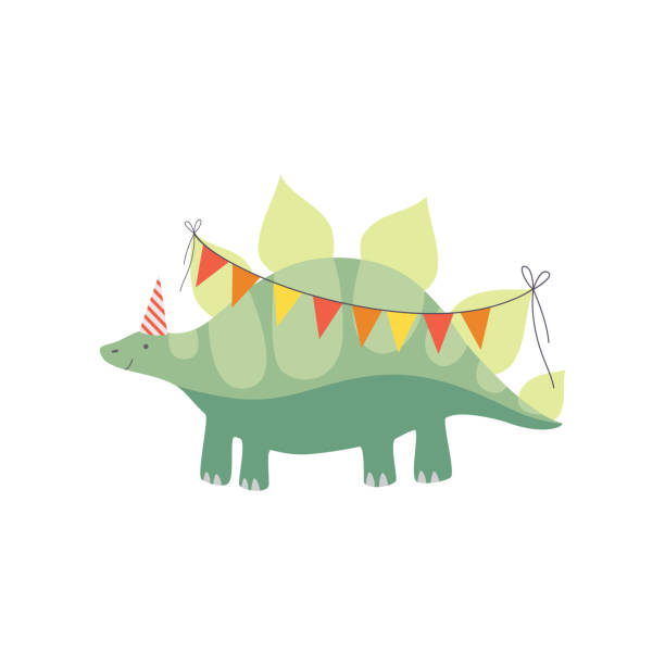 Cute Stegosaurus Dinosaur in Party Hat with Party Flags, Funny Colorful Dino Character, Happy Birthday Party Design Element Vector Illustration Cute Stegosaurus Dinosaur in Party Hat with Party Flags, Funny Colorful Dino Character, Happy Birthday Party Design Element Vector Illustration on White Background. dinosaur birthday stock illustrations