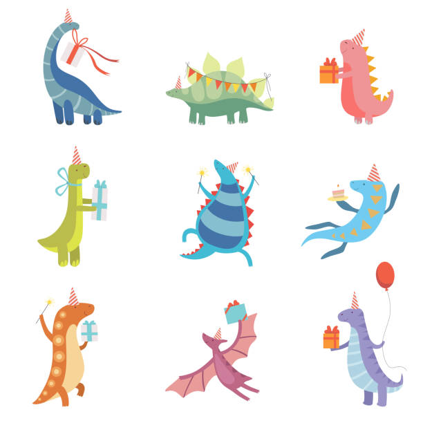 Collection of Cute Colorful Dinosaurs in Party Hats, Funny Blue Dino Characters, Happy Birthday Party Design Elements Vector Illustration Collection of Cute Colorful Dinosaurs in Party Hats, Funny Blue Dino Characters, Happy Birthday Party Design Elements Vector Illustration on White Background. dinosaur birthday stock illustrations
