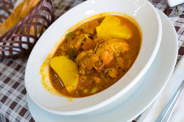 istock Tasty  chicken with red sauce and vegetables at plate on table 1152487298