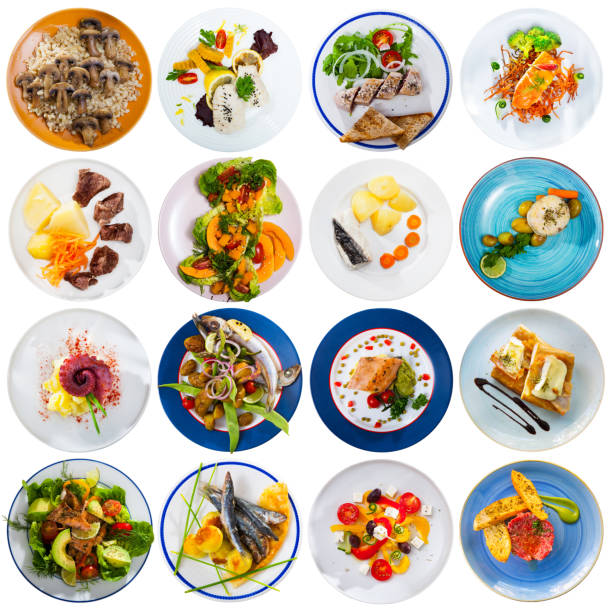 Collage of meals from different cuisines on round plates isolated on white background
