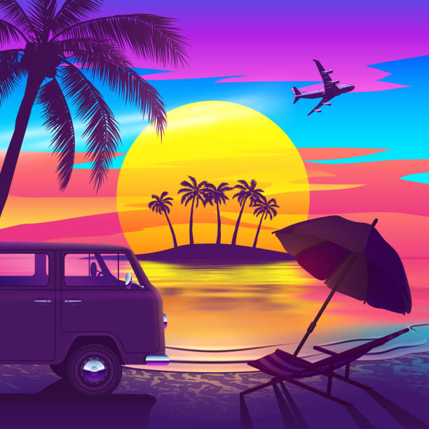Tropical Beach at Sunset with Island, Van and Palm tree Tropical beach at sunset with an island, palm trees, van, chaise longue and passenger plane in the colorful sky. hawaii islands illustrations stock illustrations