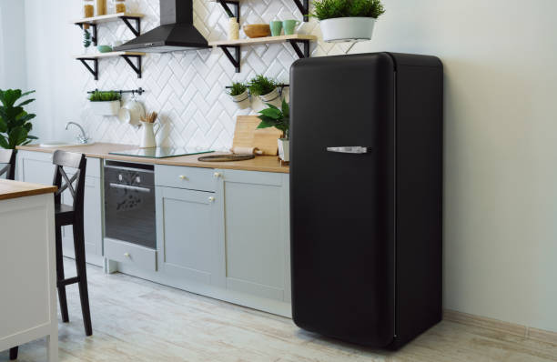 Retro style black fridge in gray wooden kitchen