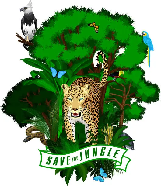 Vector illustration of Vector Jungle Emblem with harpy, jaguar, anaconda, toucan, blue macaw ara, monkey and butterflies
