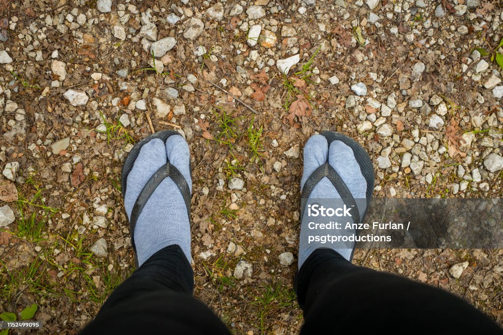 sandals over feet with socks. Fashion police victim - wearing sandals over feet covered with gray socks. Terrible thing to do. Sock Stock Photo