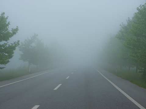 Empty and foggy asphalt road in spring