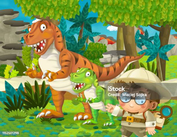 Cartoon Scene With Dinosaur And Some Professor In The Jungle Stock  Illustration - Download Image Now - iStock
