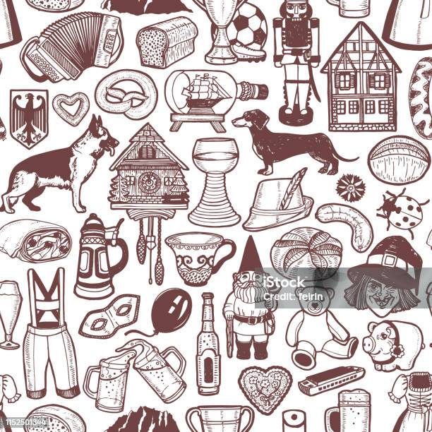 German Symbols Pattern In Hand Drawn Style Stock Illustration - Download Image Now - Illustration, Germany, Beer - Alcohol