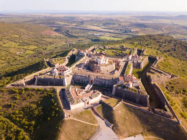 Aerial view of finest example of trace italienne in military architecture  - star-shaped Conde de Lippe Fort in Portuguese municipality of Elvas