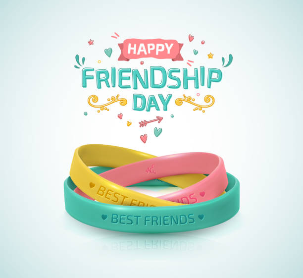 plakat dzień przyjaźni, szczęśliwe święto przyjaźni. trzy gumowe bransoletki dla najlepszych przyjaciół: żółty, różowy i turkusowy. silikonowe opaski i napis gratulacji. - day stock illustrations