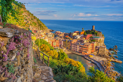Elevated view from the hiking path on Vernazza, Cinque Terre, at a beautiful late summer afternoon.