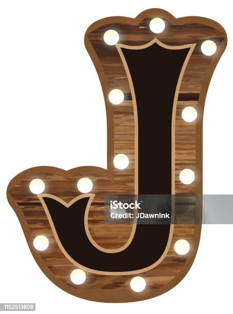 Country Carnival Wooden Capital Letter J Font Design With Lights Stock Illustration - Download Image Now