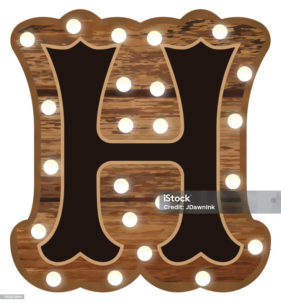 Country Carnival wooden Capital letter H font design with lights Vector illustration of a Country Carnival wooden font design with lights.  EPS 10 Letter H stock vector