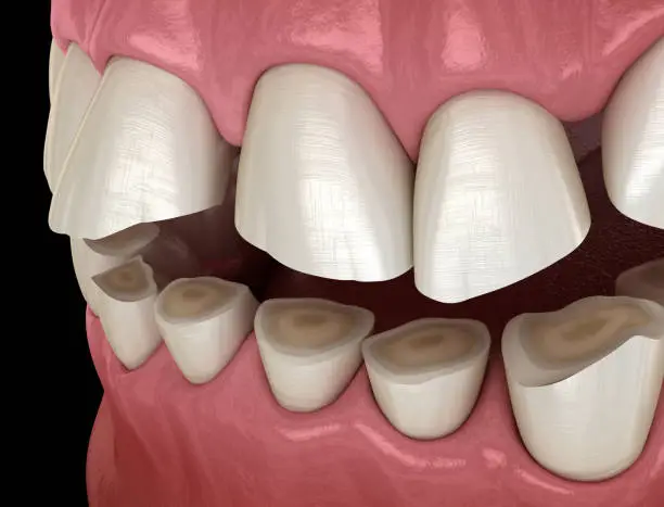 Dental attrition (Bruxism) resulting in loss of tooth tissue.  Medically accurate tooth 3D illustration