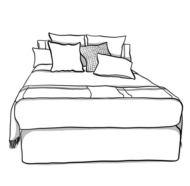 Queen Bed And Cushions Freehand drawing of a queen bed with cushions sheet bedding stock illustrations