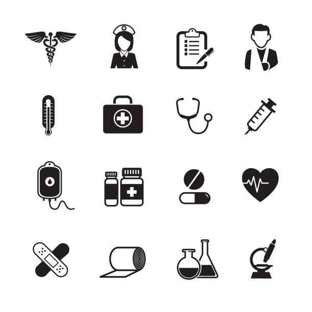 Medical icons Medical icons on white background, Set of 16 editable filled, Simple clearly defined shapes in one color. medical symbols stock illustrations