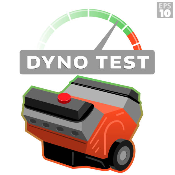 Dyno test car engine block with RPM tachometer measuring horsepower performance from motor. Dyno test car engine block with RPM tachometer measuring horsepower performance from motor. dynamometer stock illustrations
