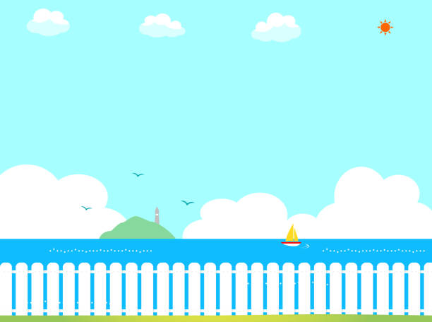 natural beautiful landscape with fence illustration of natural landscape with fence river,sea,beautiful scenery fence3 stock illustrations