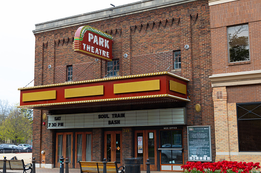 Holland, Michigan, USA - May 11, 2019: The old building of the Park Theatre, next to the Centennial Park