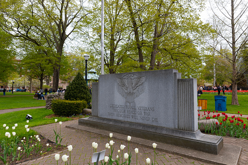 Holland, Michigan, USA - May 11, 2019: Memorial to the Military Servicemen located at the centennial park during tulip time festival