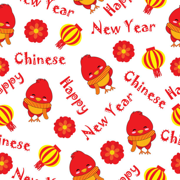 Seamless background of Chinese New Year Illustration with cute rooster, and lampion lamp on white background suitable for New year wallpaper Seamless background of Chinese New Year Illustration with cute rooster, and lampion lamp on white background suitable for New year wallpaper, scrap paper, and postcard chinese lampion stock illustrations