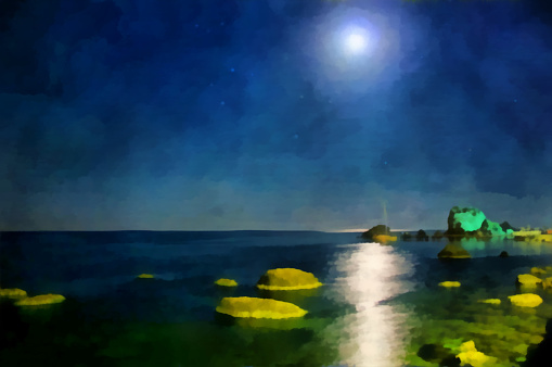 Digital painting. Drawing watercolor. Seascape sea. Night view of the sea from the city pier. Dark sky, lunar path, brightly lit coastal cliffs.  Travel, Tourism.