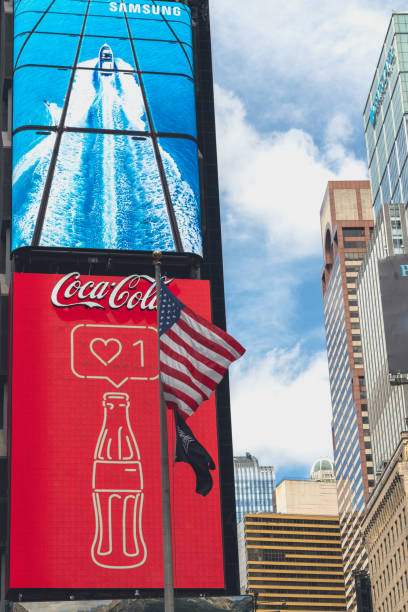 time square, nyc. neon art, billboards, skyscrapers, american flag - architecture travel destinations vertical outdoors imagens e fotografias de stock