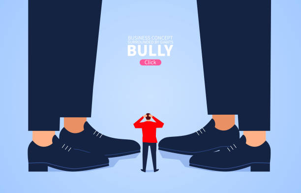 kleinunternehmer steht am fuß des riesen - imbalance bullying small large stock-grafiken, -clipart, -cartoons und -symbole
