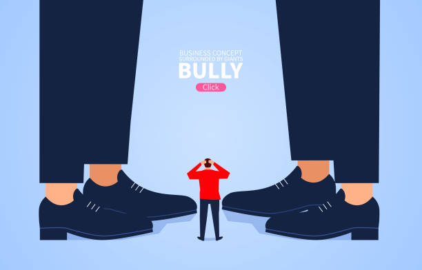 illustrazioni stock, clip art, cartoni animati e icone di tendenza di piccolo imprenditore in piedi ai piedi del gigante - imbalance bullying small large