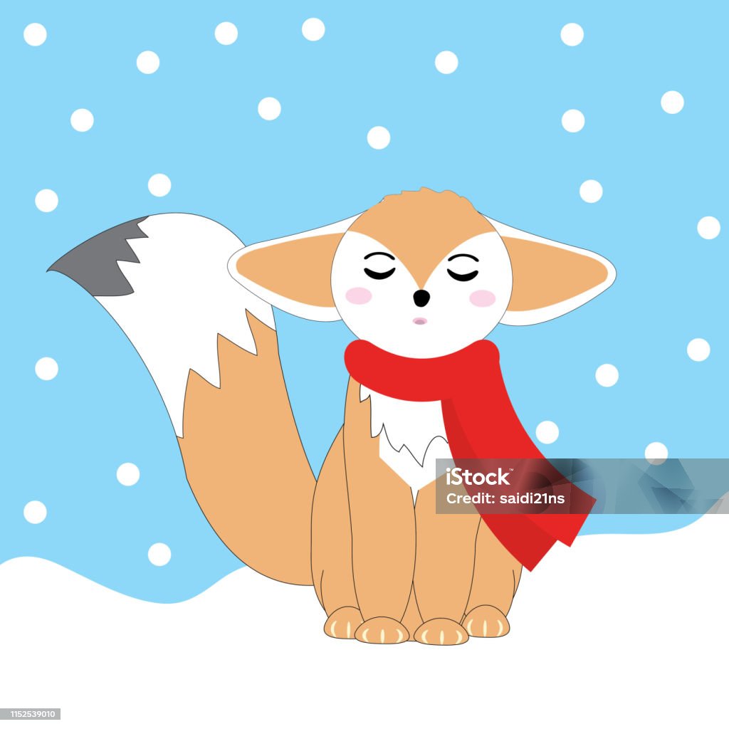 Christmas illustration with cute Fennec fox on snow fall background suitable for Xmas kid greeting card Christmas illustration with cute Fennec fox on snow fall background suitable for Xmas kid greeting card, invitation and postcard Abstract stock vector