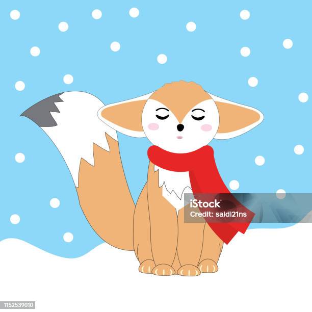 Christmas Illustration With Cute Fennec Fox On Snow Fall Background Suitable For Xmas Kid Greeting Card Stock Illustration - Download Image Now