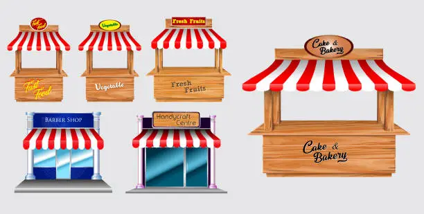 Vector illustration of Wooden market stand stall and various kiosk, with red and white striped awning isolated (fast food, vegetable, fresh fruit, barber shop, handy craft, cake bakery)