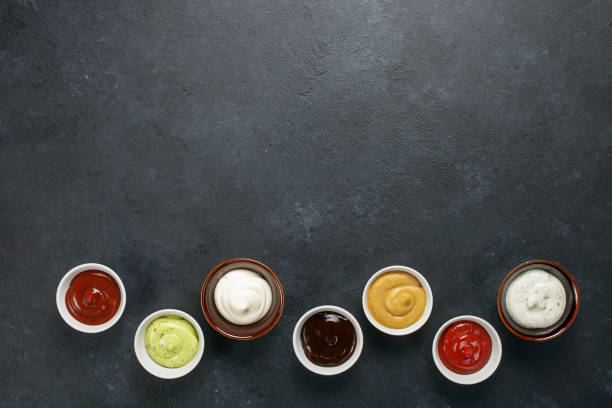 set of different sauces - sauces dip ketchup mayonnaise imagens e fotografias de stock