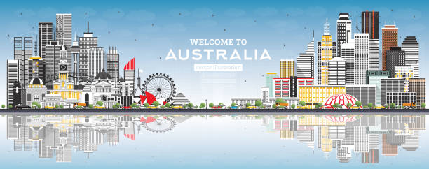 Welcome to Australia Skyline with Gray Buildings, Blue Sky and Reflections. Welcome to Australia Skyline with Gray Buildings, Blue Sky and Reflections. Vector Illustration. Tourism Concept with Architecture. Australia Cityscape with Landmarks. Sydney. Melbourne. brisbane stock illustrations