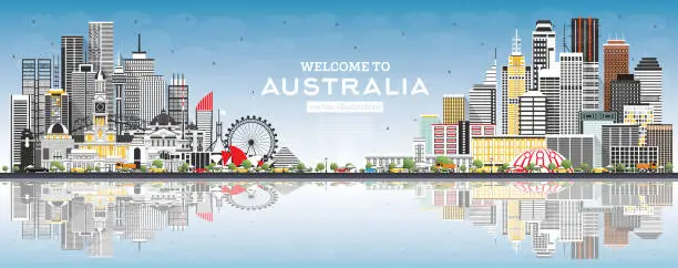 Vector illustration of Welcome to Australia Skyline with Gray Buildings, Blue Sky and Reflections.