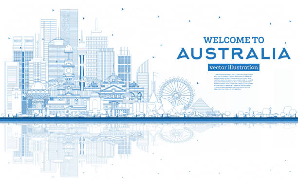 Outline Welcome to Australia Skyline with Blue Buildings and Reflections. Outline Welcome to Australia Skyline with Blue Buildings and Reflections. Vector Illustration. Tourism Concept with Architecture. Australia Cityscape with Landmarks. Sydney. Melbourne. Canberra. brisbane stock illustrations