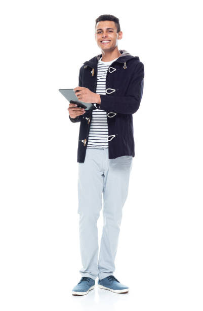 istock Handsome tall black man wearing a jacket on white background - holding tablet 1152547573