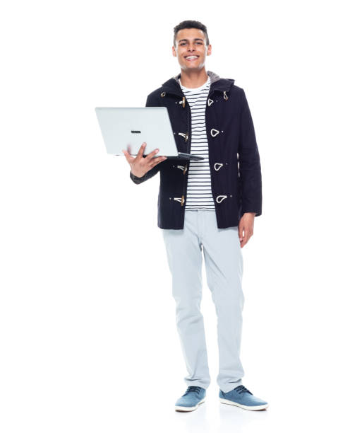 istock Handsome tall black man wearing a jacket on white background - holding laptop 1152547830