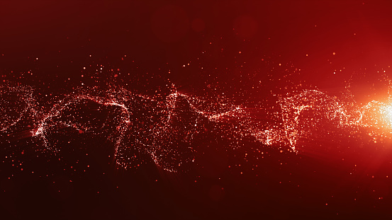 Abstract red color digital particles wave with bokeh and light background