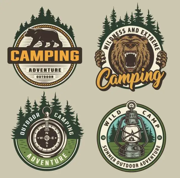 Vector illustration of Vintage colorful camping badges